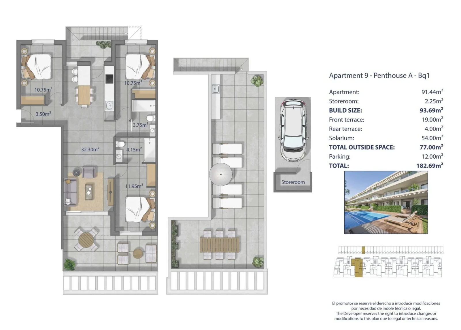 Penthouse med 3 soveværelser